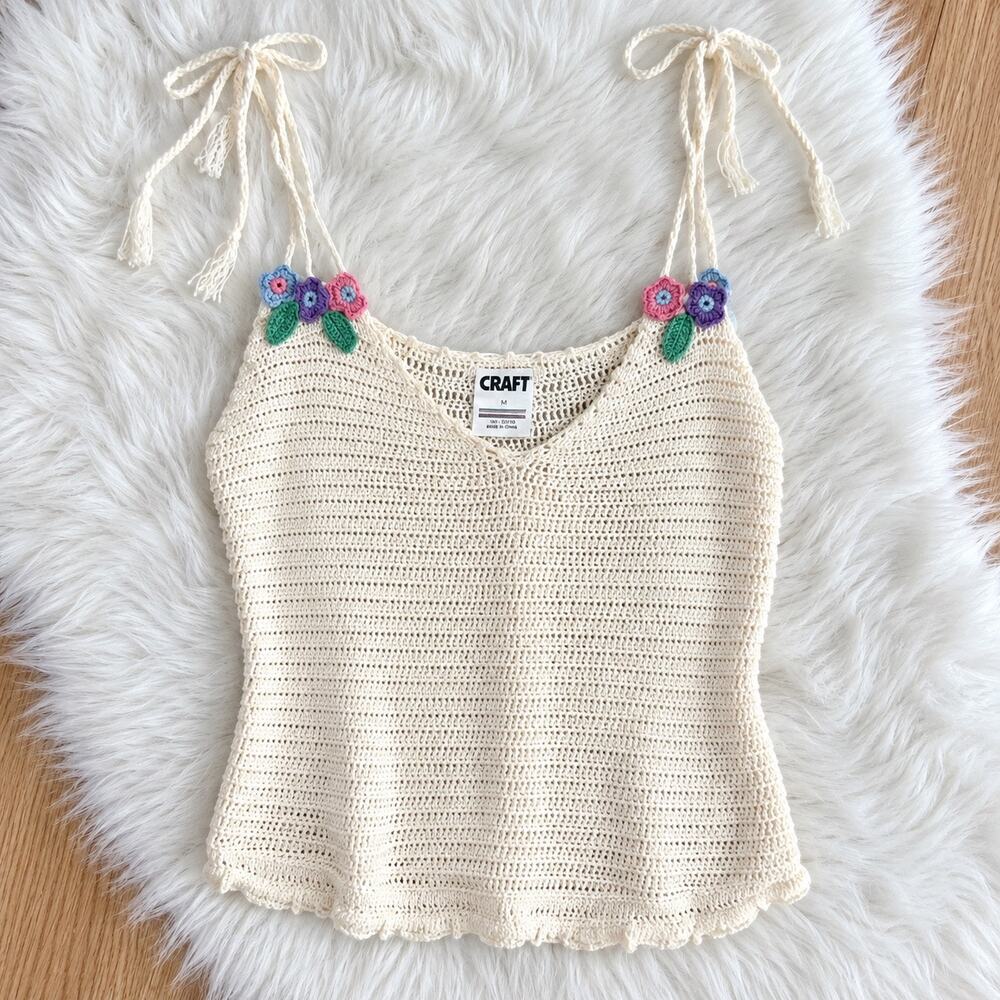 Vintage Crochet Knit Floral Embroidered Accent Cami Top White Size Medium